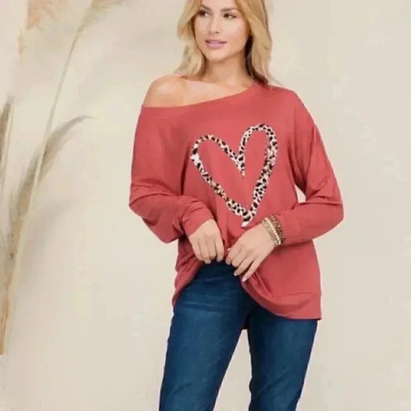 Celeste Tops - Off Shoulder Leopard Heart Tunic